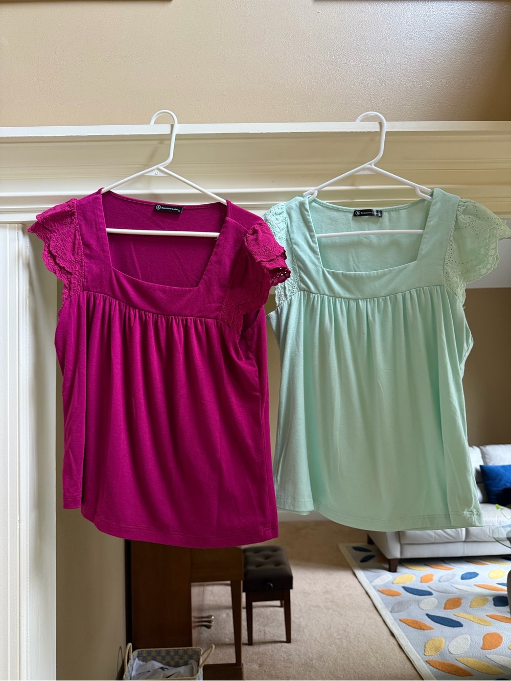 DUO of Mint Green and Magenta Square-Neck Eyelet Flutter Sleeve Tops